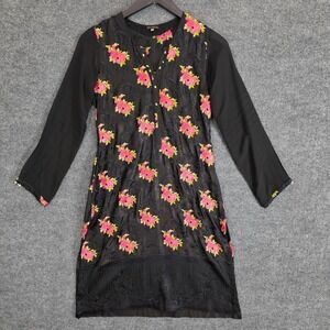 Agha‎ Noor Kurta Tunic Women S Black Floral Embroidered Long Sleeve V-Neck